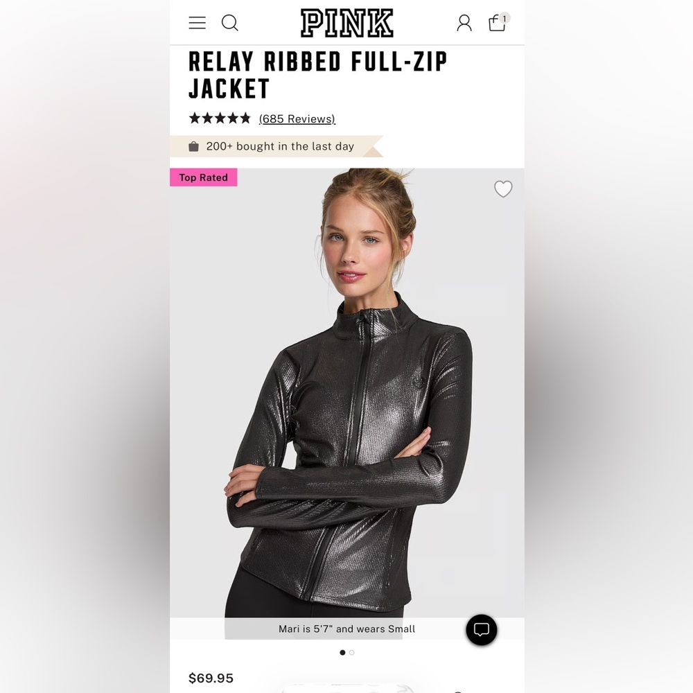 PINK Victoria's Secret Metallic Black Full-Zip Relay Ribbed Full-Zip Jacket (M)